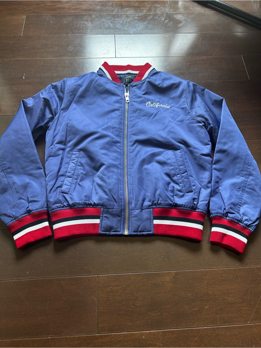 Forever 21 Blue Bomber Jacket with Red & White Trim
